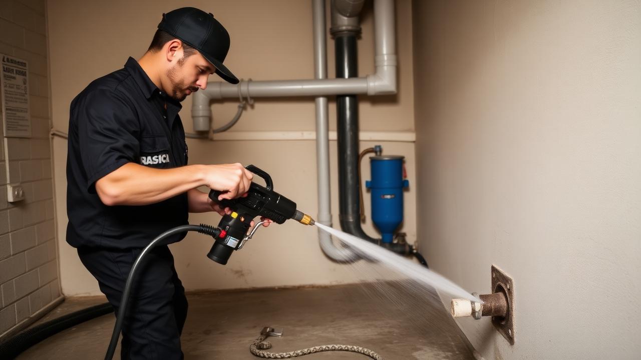Técnico usando hidrojateamento em tubulação de condomínio
